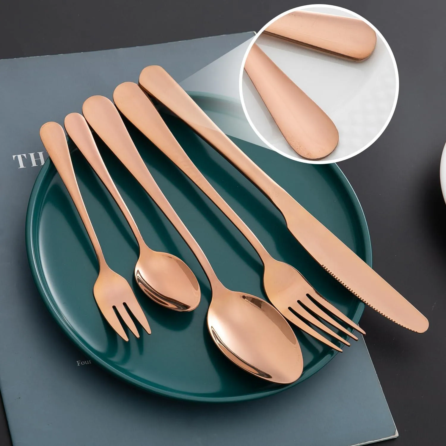 HOKIPO Cutlery Set of 30 Pcs Stainless Steel Flatware Set, Mirror Finish - Rose Gold