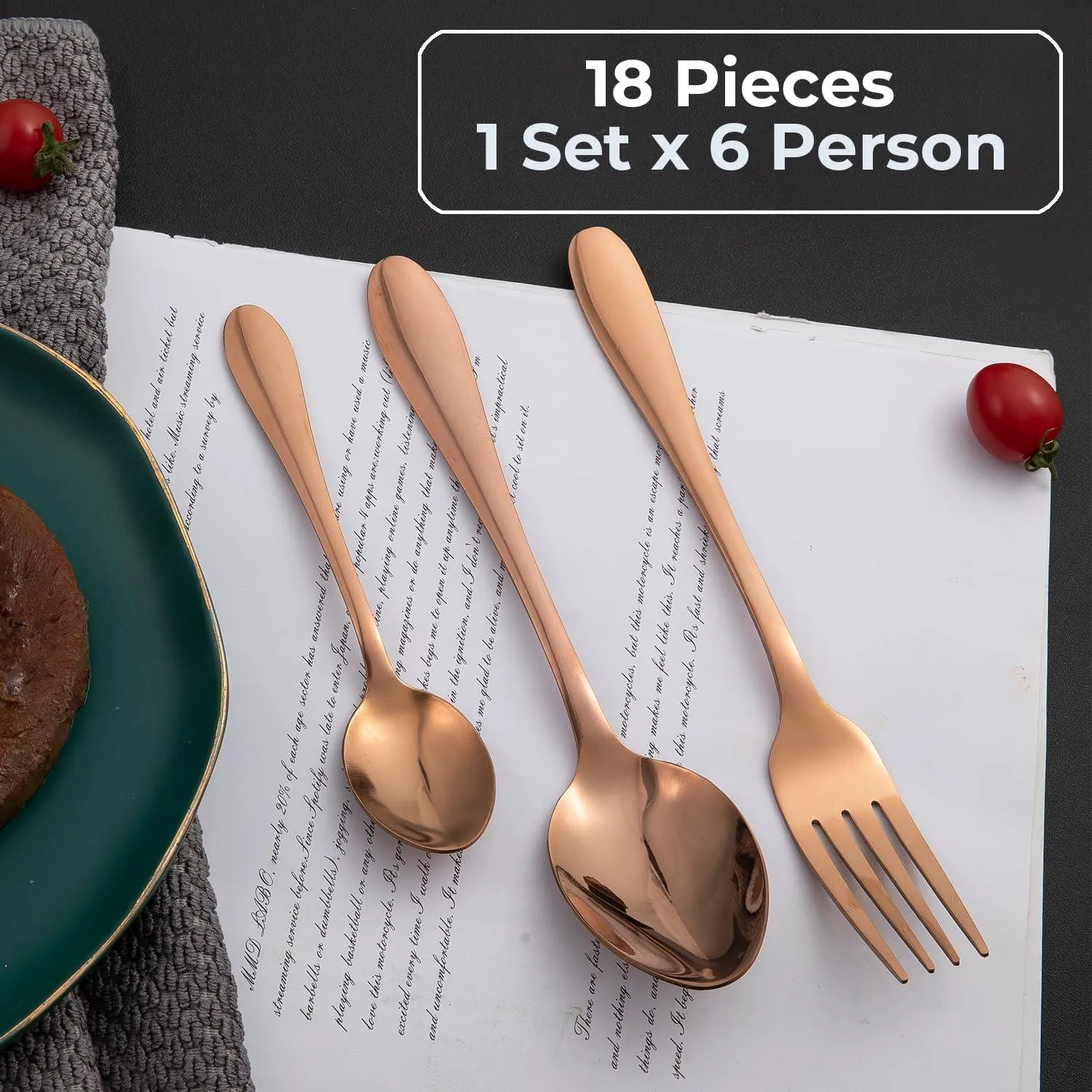 HOKIPO Rose Gold Cutlery Set of 18 / 24 Pcs Stainless Steel, Mirror Finish with Gift Box
