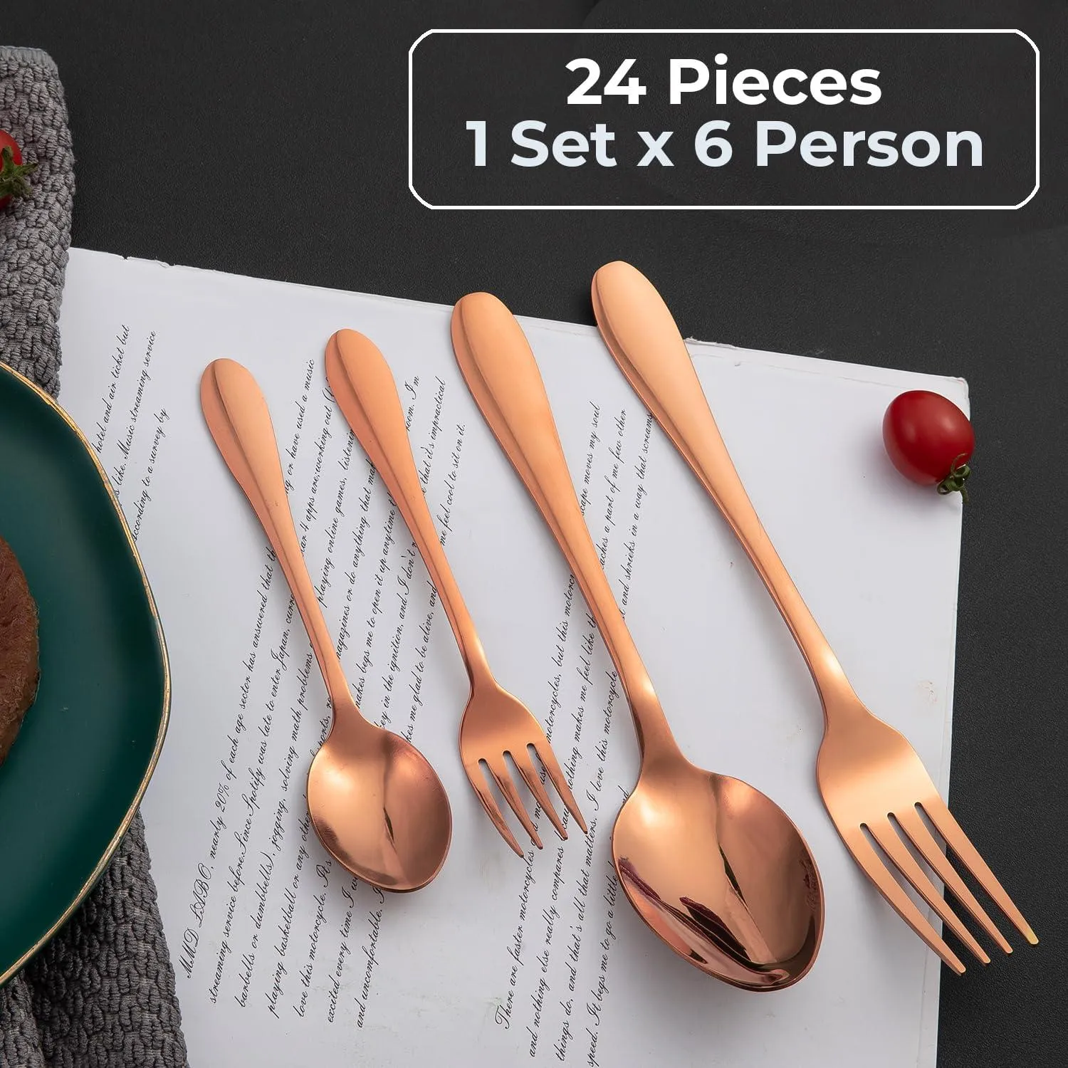 HOKIPO Rose Gold Cutlery Set of 18 / 24 Pcs Stainless Steel, Mirror Finish with Gift Box