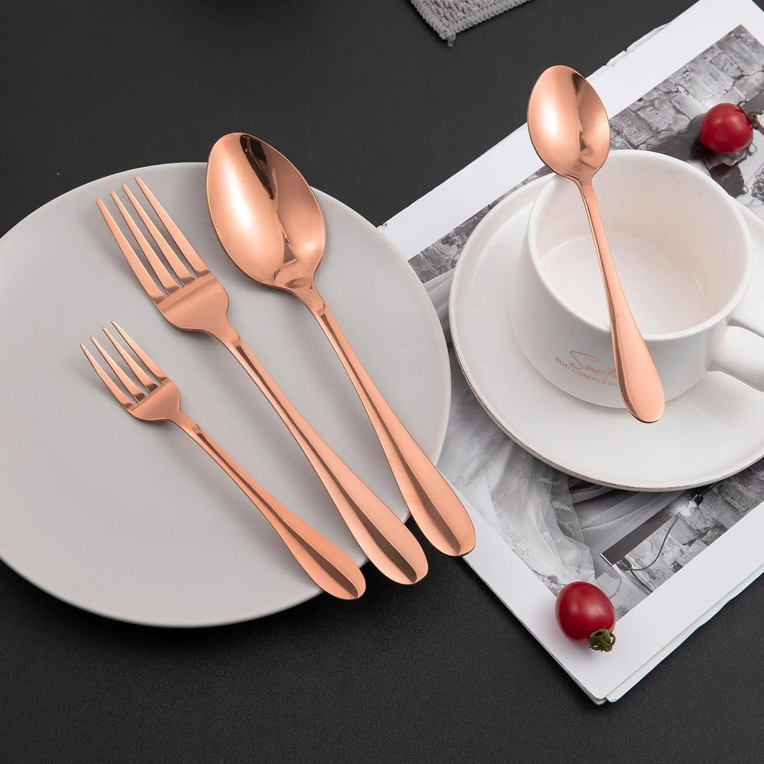 HOKIPO Rose Gold Cutlery Set of 18 / 24 Pcs Stainless Steel, Mirror Finish with Gift Box