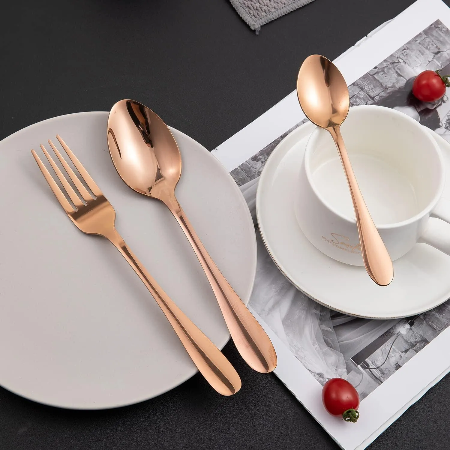 HOKIPO Rose Gold Cutlery Set of 18 / 24 Pcs Stainless Steel, Mirror Finish with Gift Box