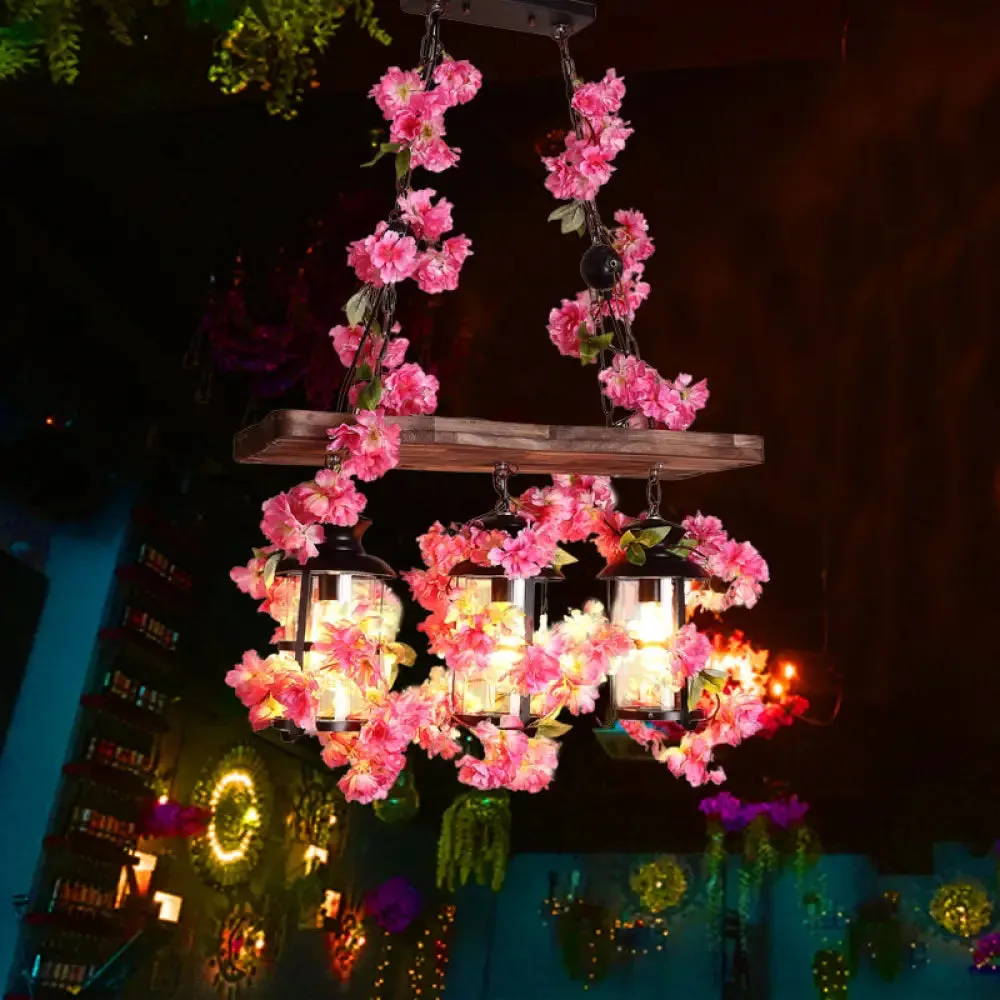 Industrial Clear Glass Hanging Lantern with 3 Cylindrical Heads - Restaurant Island Light with Artistic Plant Deco