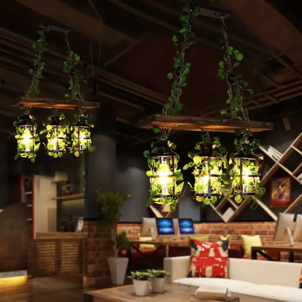 Industrial Clear Glass Hanging Lantern with 3 Cylindrical Heads - Restaurant Island Light with Artistic Plant Deco