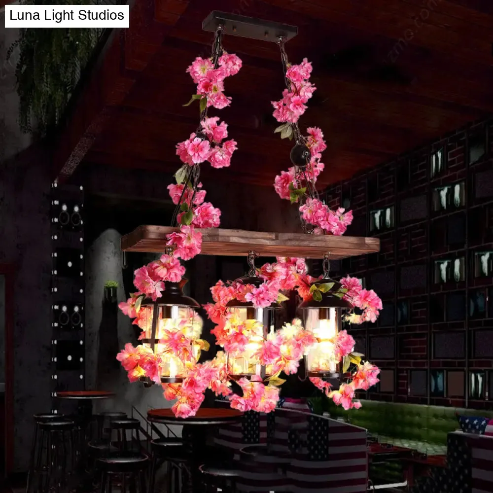 Industrial Clear Glass Hanging Lantern with 3 Cylindrical Heads - Restaurant Island Light with Artistic Plant Deco