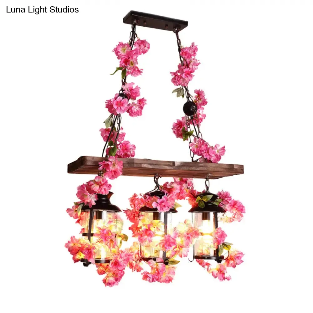 Industrial Clear Glass Hanging Lantern with 3 Cylindrical Heads - Restaurant Island Light with Artistic Plant Deco