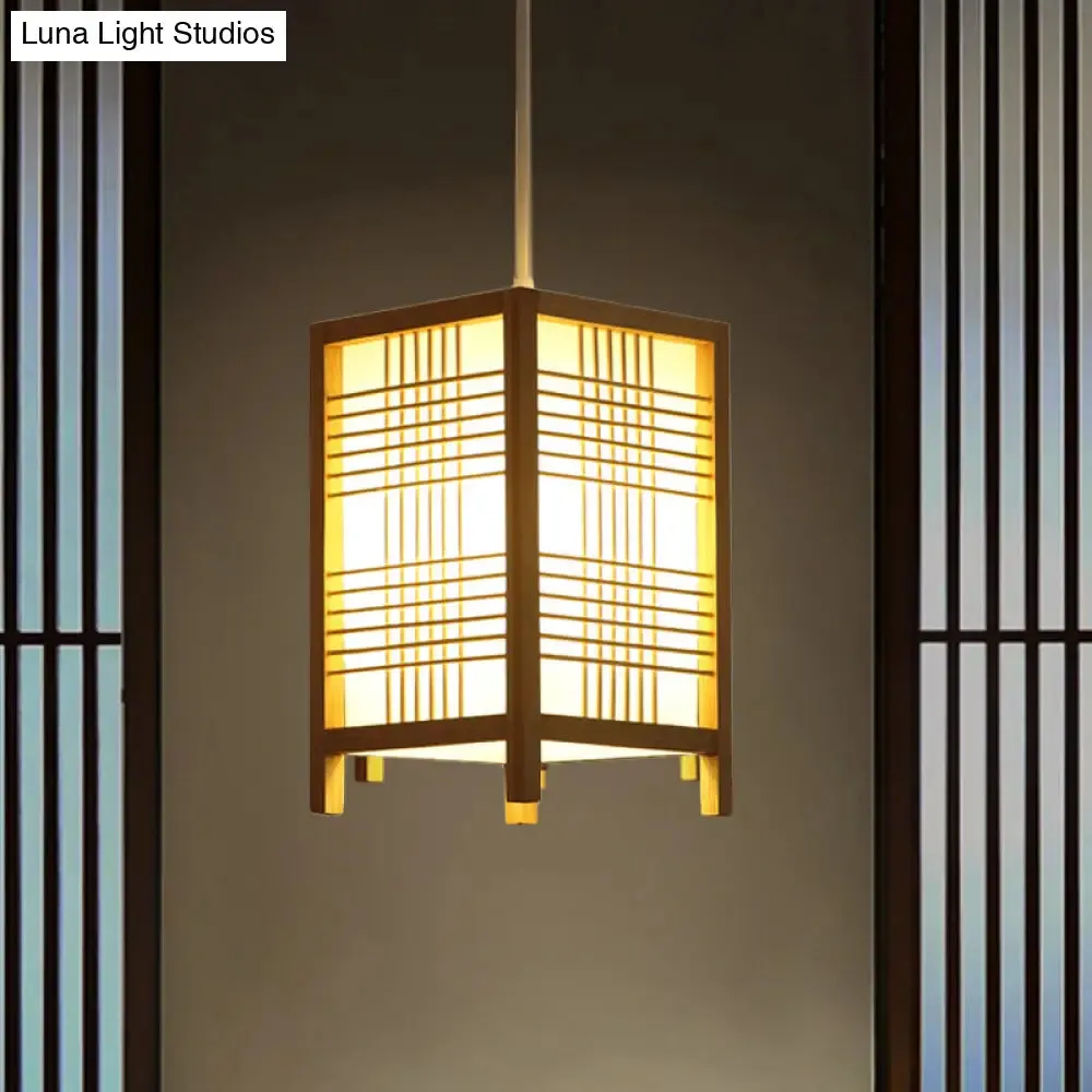 Japanese Natural Wood Pendant Lamp - 6"/8.5" Wide Square Hanging Lantern Light for Foyer Dining Room