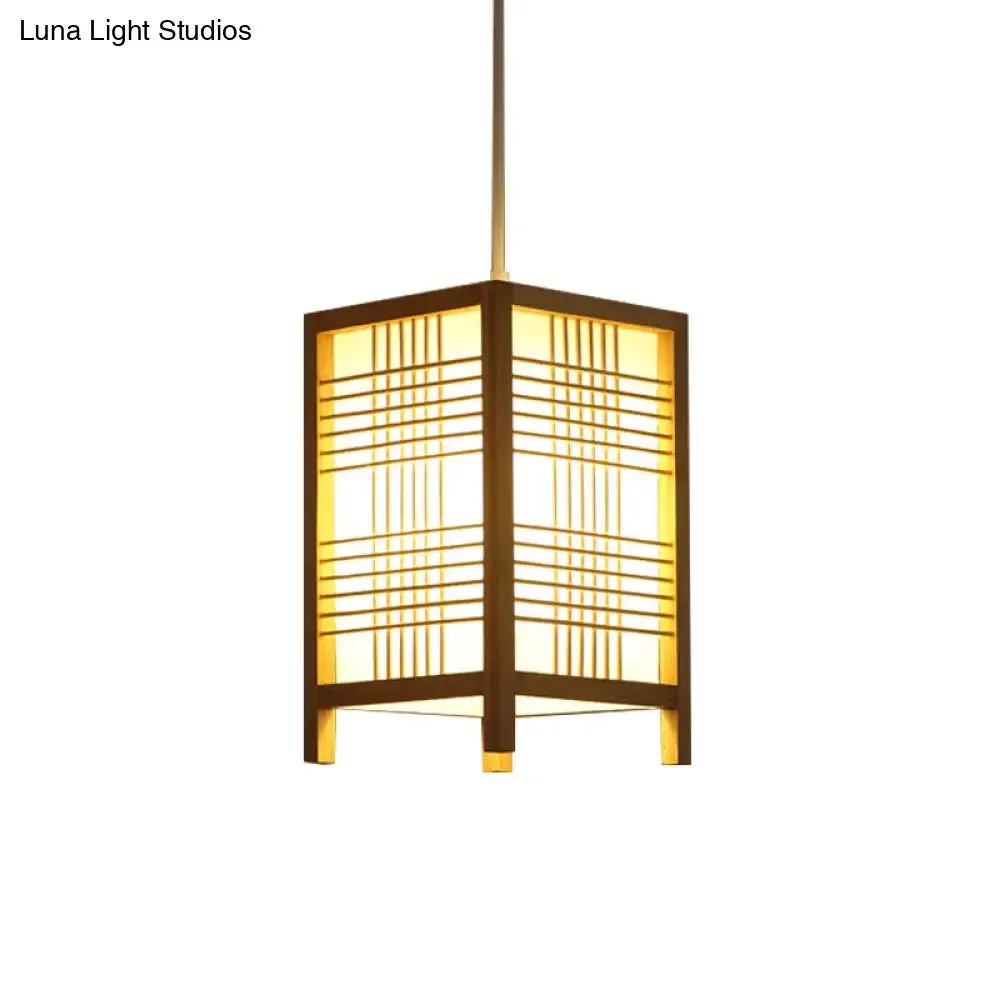 Japanese Natural Wood Pendant Lamp - 6"/8.5" Wide Square Hanging Lantern Light for Foyer Dining Room