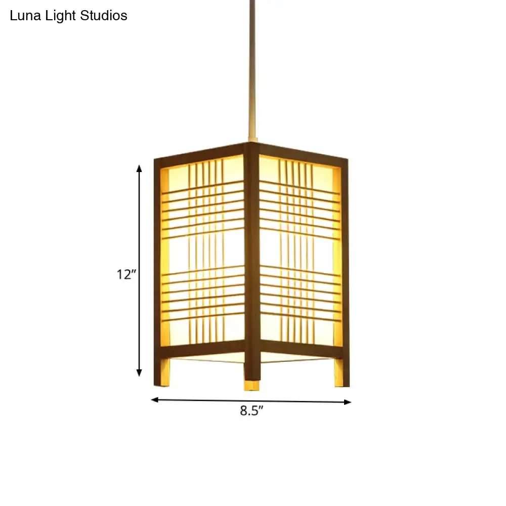 Japanese Natural Wood Pendant Lamp - 6"/8.5" Wide Square Hanging Lantern Light for Foyer Dining Room