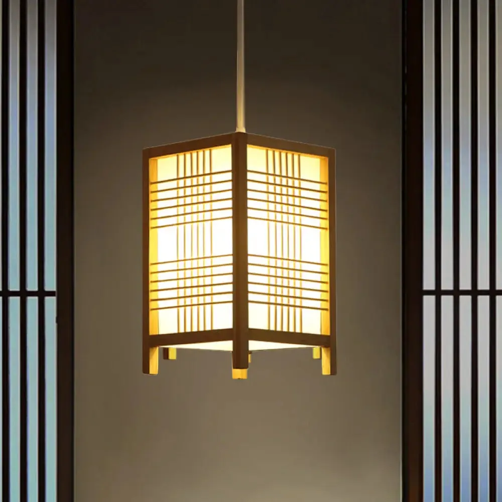 Japanese Natural Wood Pendant Lamp - 6"/8.5" Wide Square Hanging Lantern Light for Foyer Dining Room