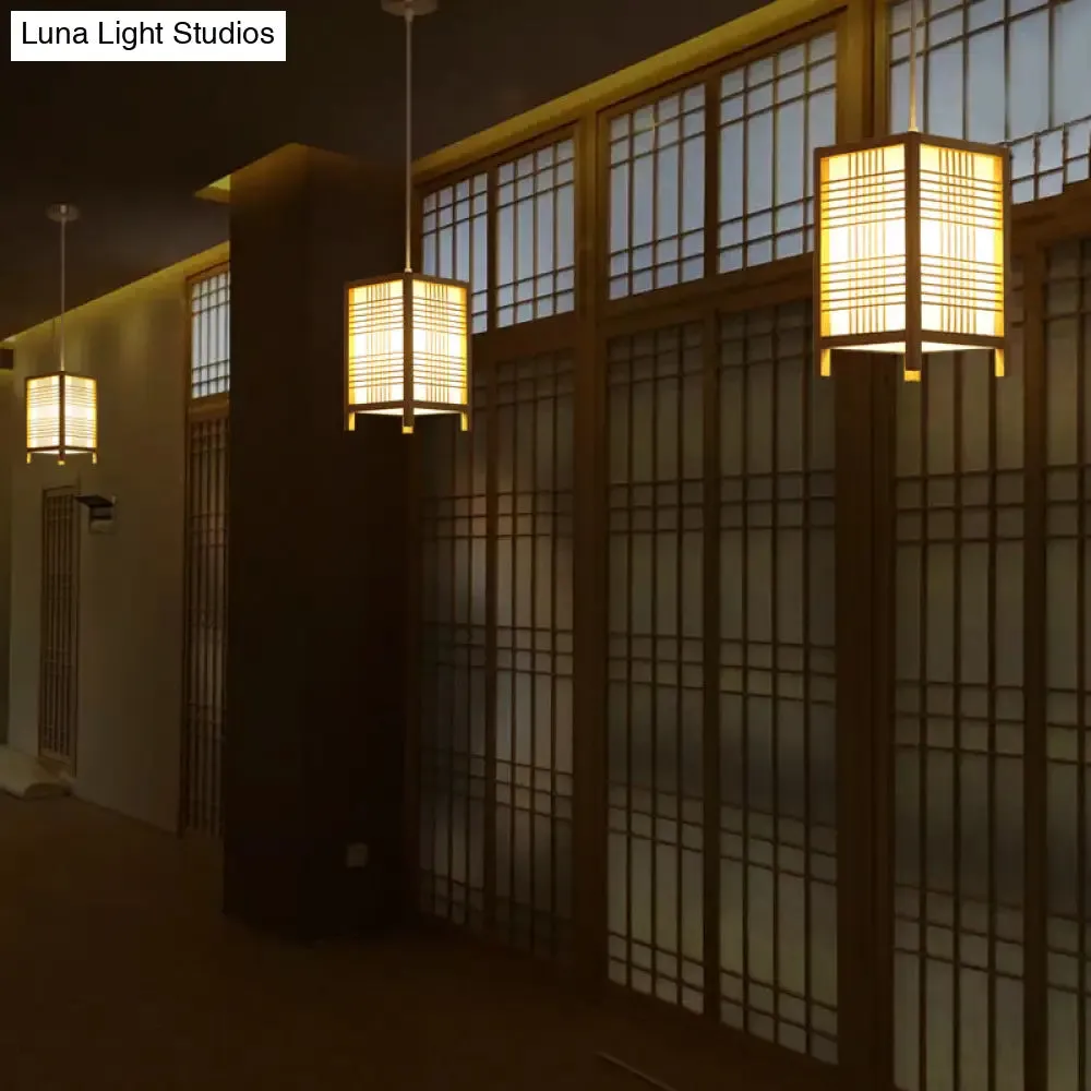 Japanese Natural Wood Pendant Lamp - 6"/8.5" Wide Square Hanging Lantern Light for Foyer Dining Room