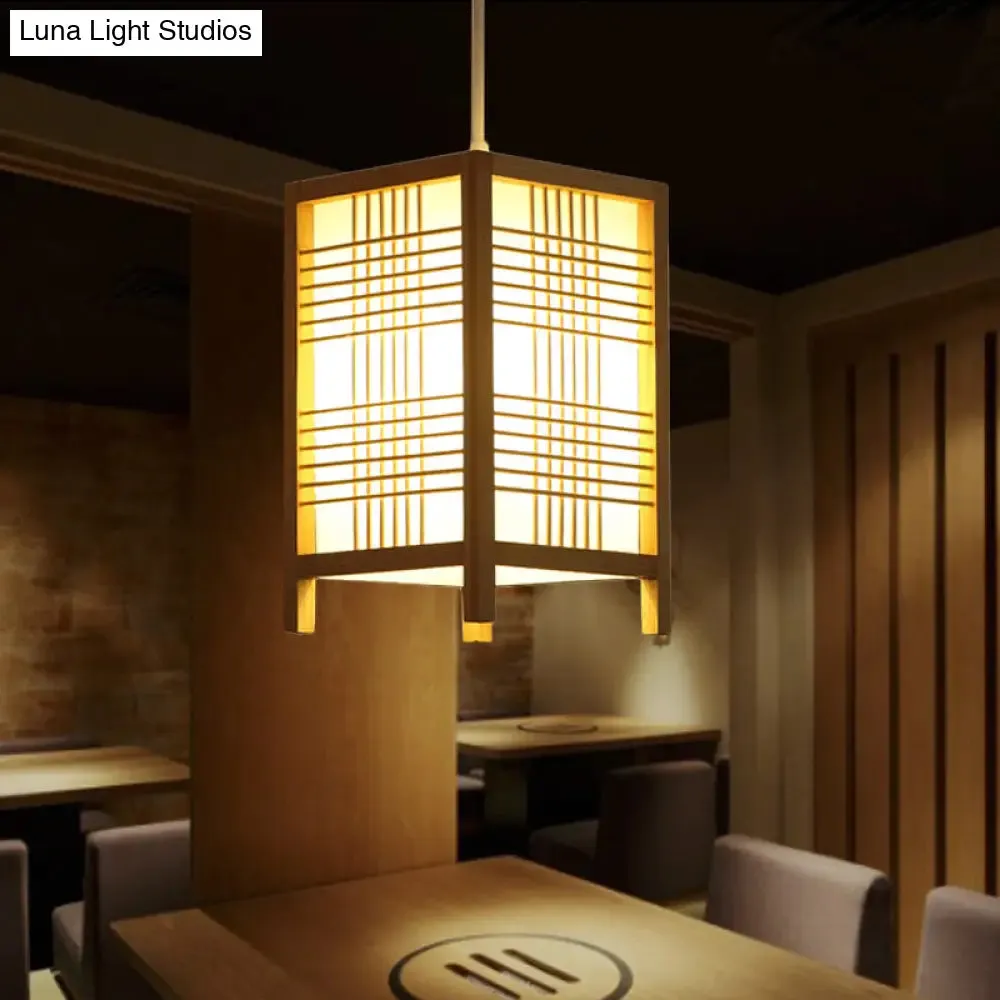 Japanese Natural Wood Pendant Lamp - 6"/8.5" Wide Square Hanging Lantern Light for Foyer Dining Room
