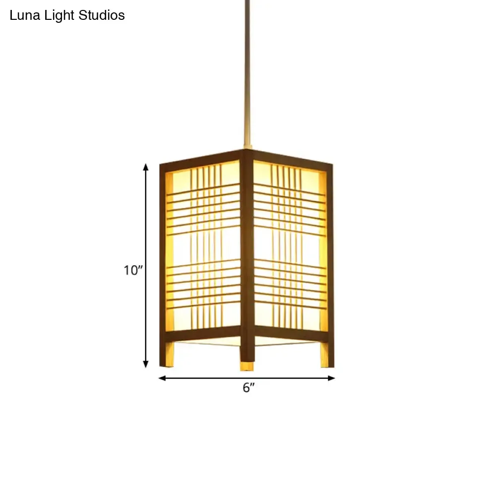 Japanese Natural Wood Pendant Lamp - 6"/8.5" Wide Square Hanging Lantern Light for Foyer Dining Room