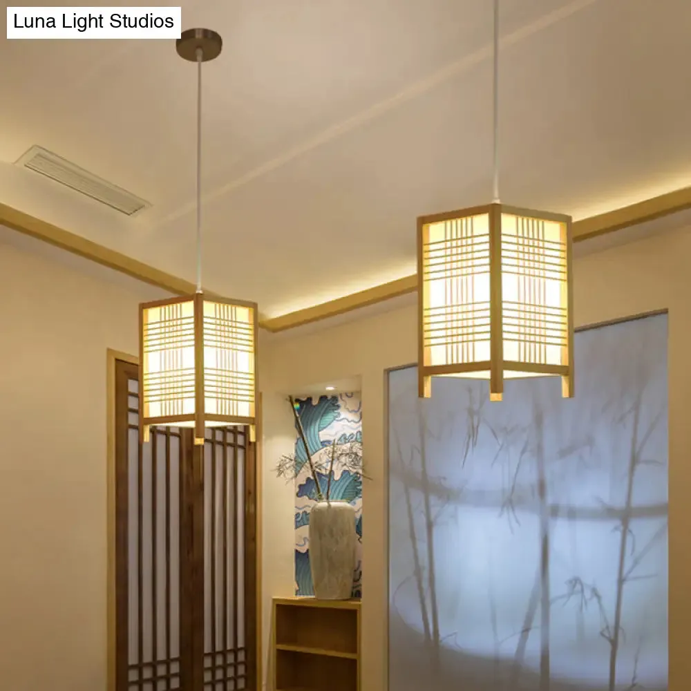 Japanese Natural Wood Pendant Lamp - 6"/8.5" Wide Square Hanging Lantern Light for Foyer Dining Room
