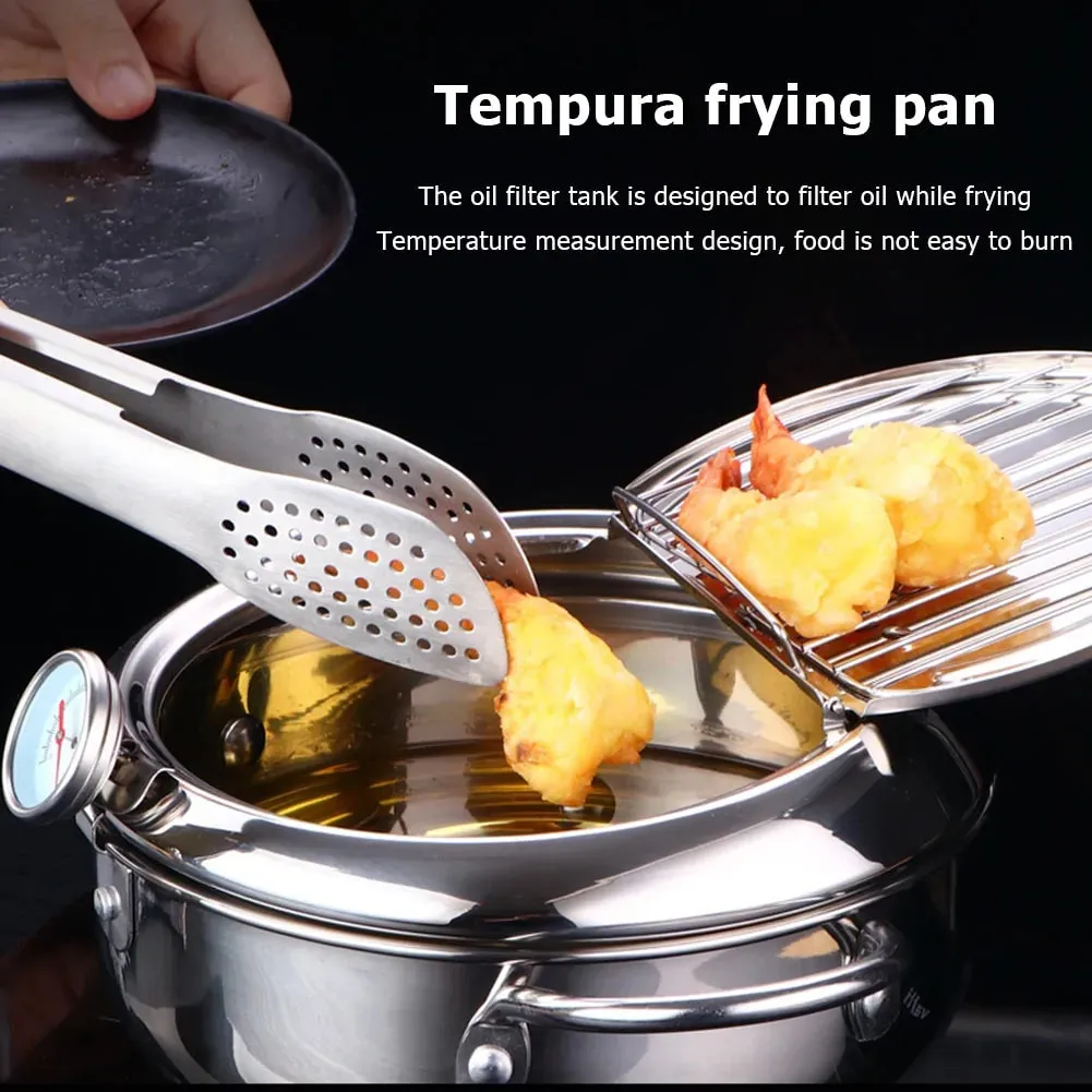 Japanese Tempura Deep Frying Pot with Built-In Thermometer - Stainless Steel