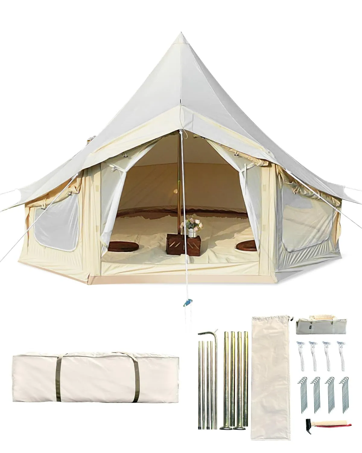 modern Regatta Canvas Bell Tent w/Stove Jack, Waterproof Yurt Camping Glamping for Family Camping Outdoor in 4 Seasons, Beige