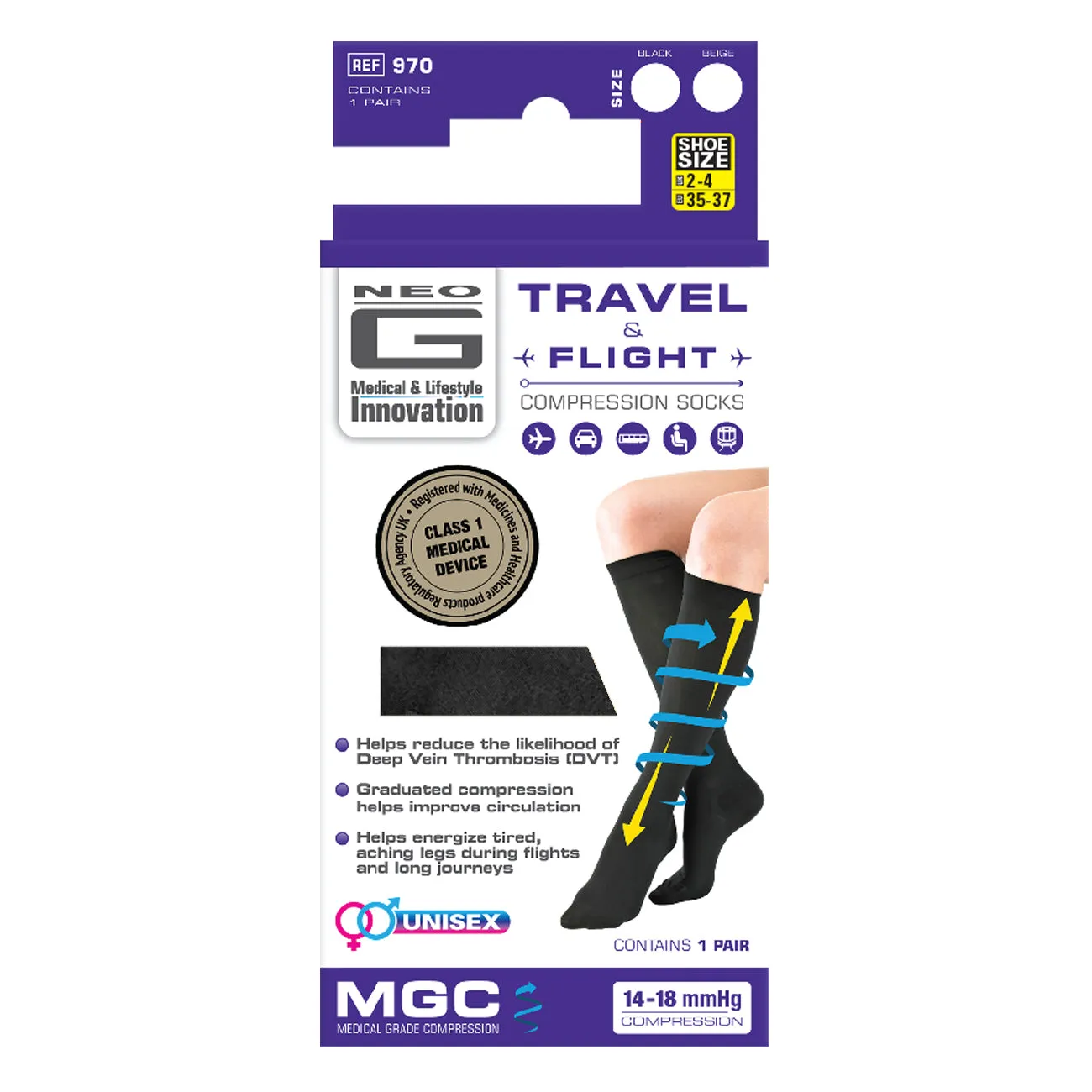 Neo G Travel & Flight Compression Socks Black (Medium)