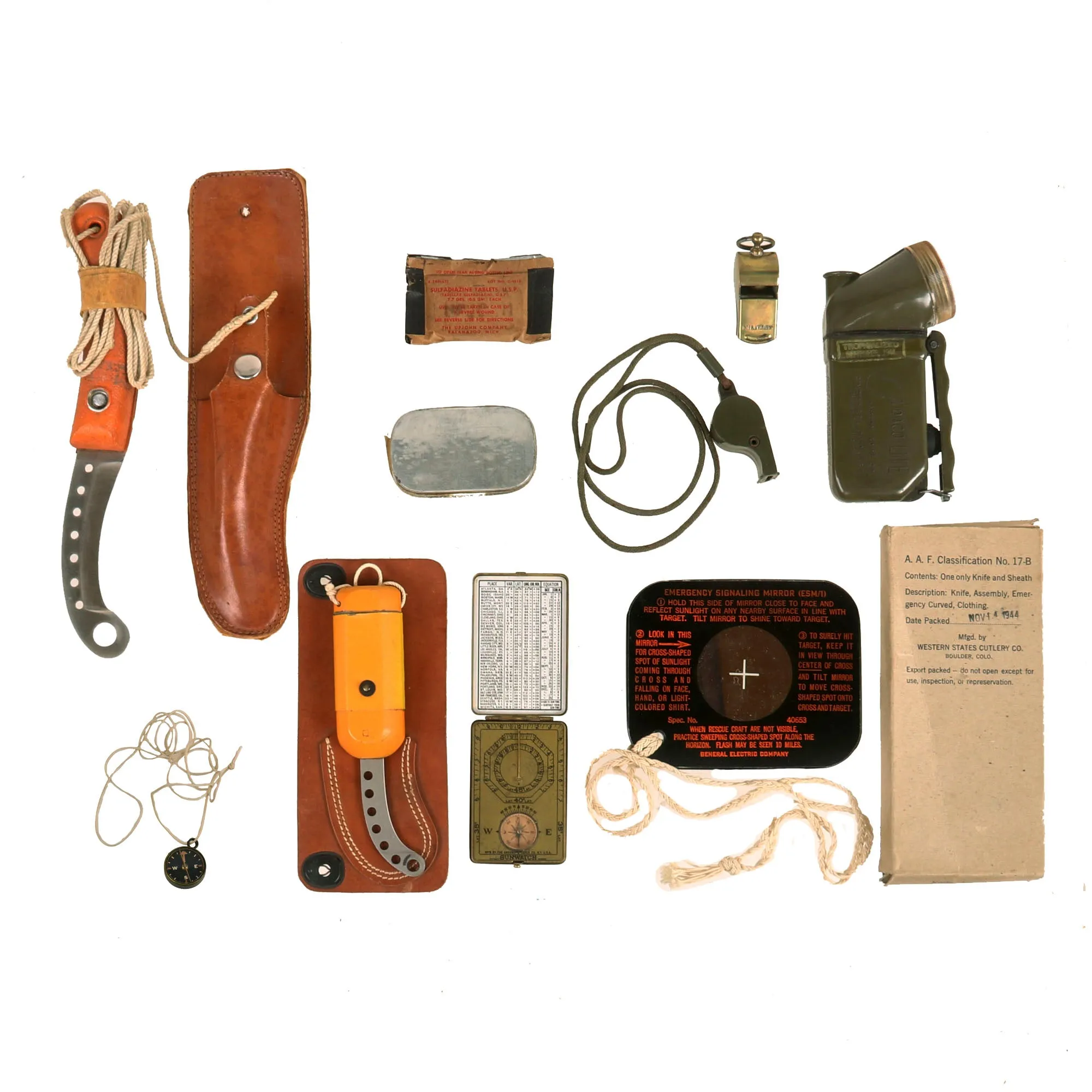 Original U.S. WWII Army Air Forces Emergency Lifeboat Survival Kit with Knives, Flashlight, Signal Mirror, Compasses - Unissued
