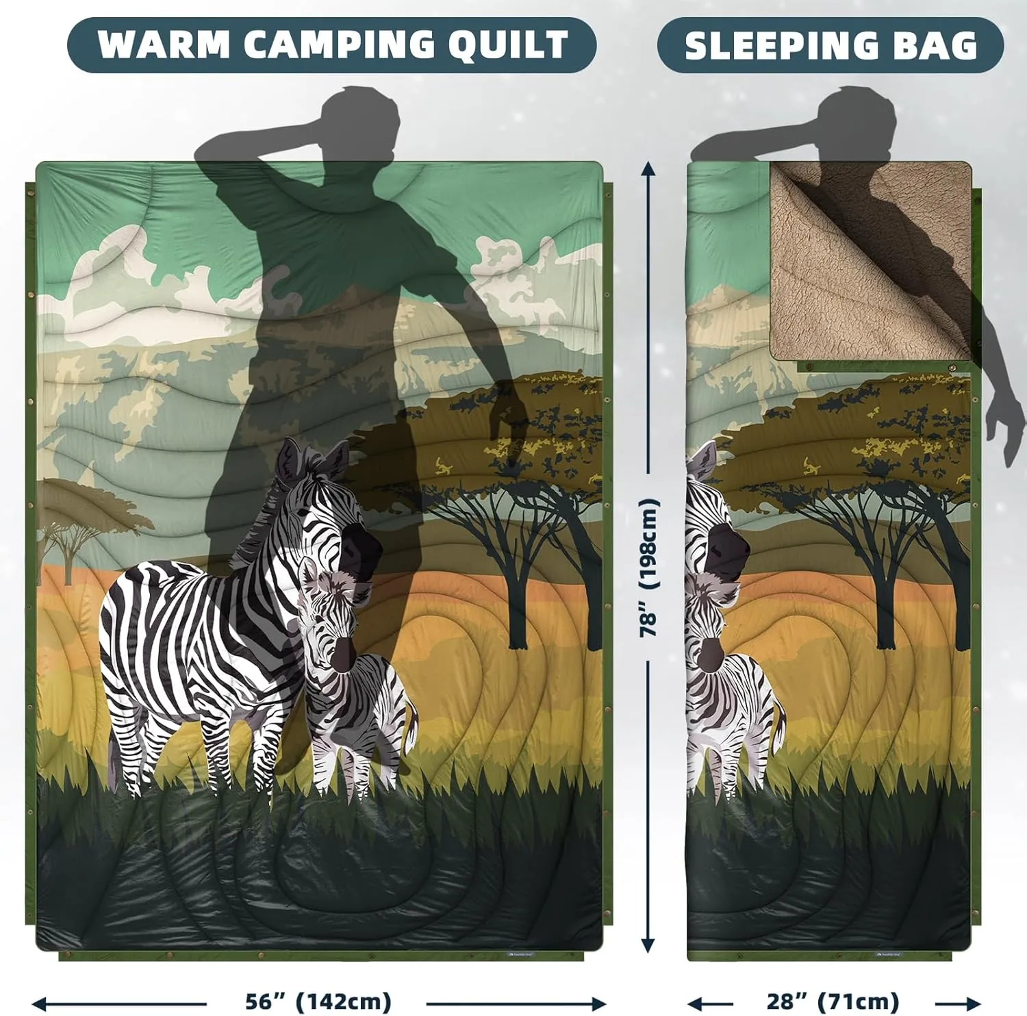 Outdoor Camping Blanket with Sherpa Lining, Extra Warm Thick Camp Blankets and Puffy Ultralight Soft Poncho DWR Camping Quilt for Cold Weather, Adventure, Sleeping, Backpacking 78"x 56"