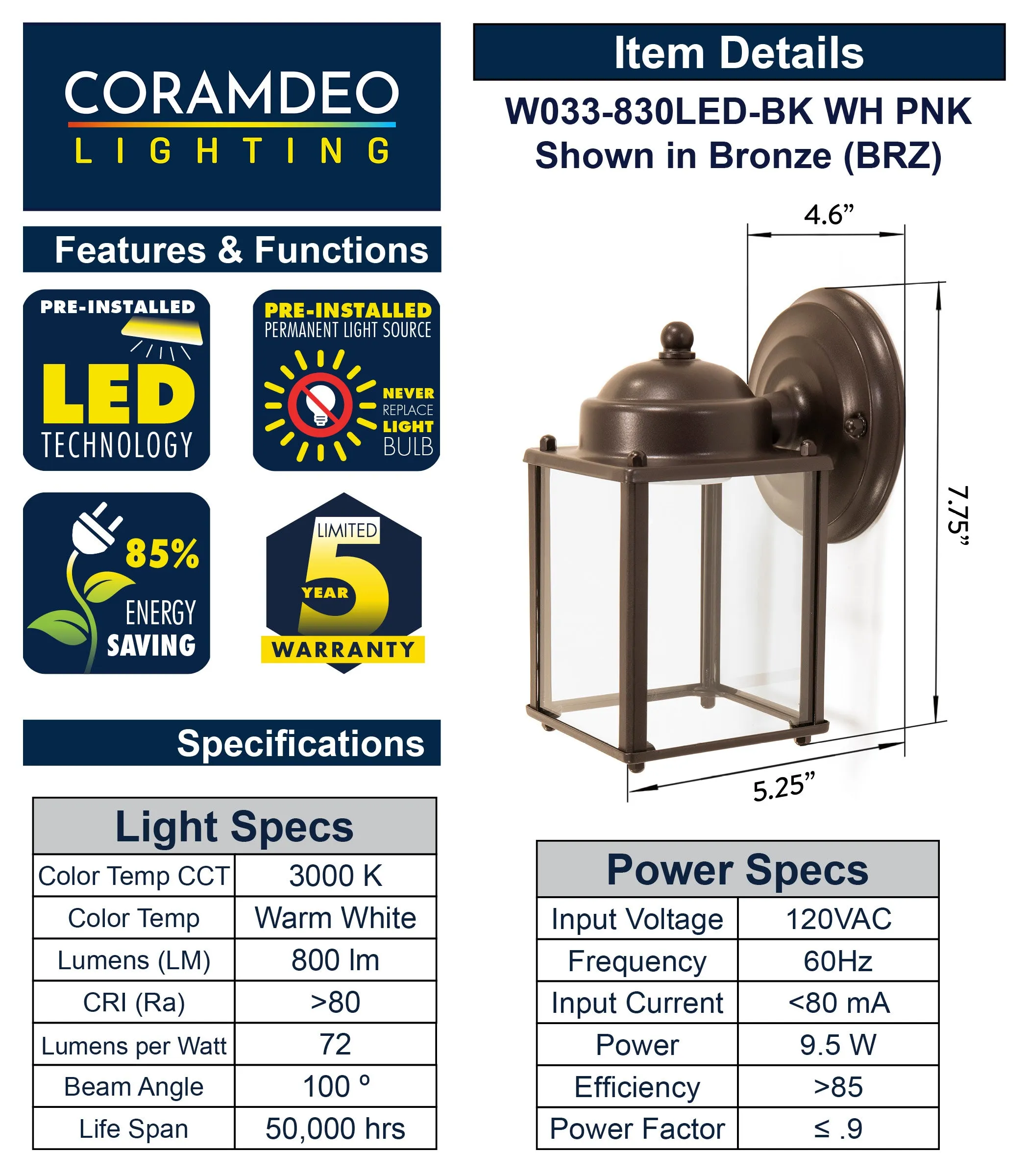 Outdoor Integrated LED Square Coach Light, 800 Lumens, 3K, Wet Location, Clear Glass, Black, Bronze, Nickel and White Finish