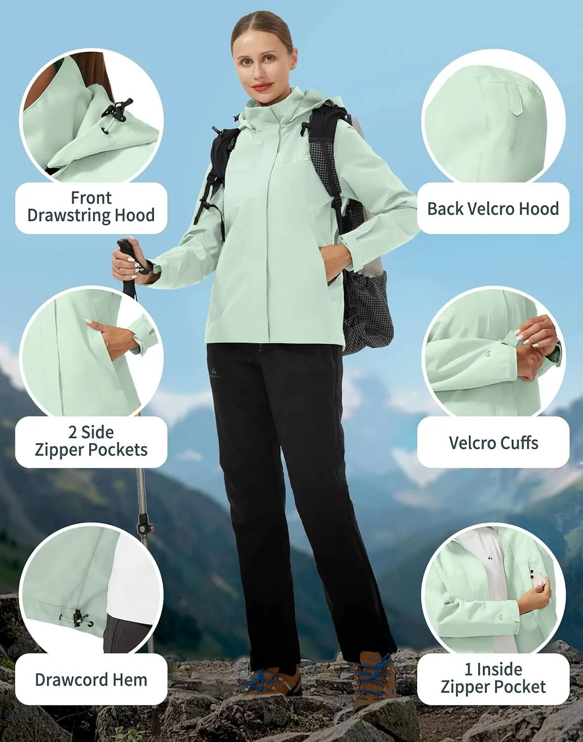 Pioneer Camp Women's Rain Jacket Waterproof Shell Jacket Hooded Windbreaker Lightweight Rain Coats for Outdoor Hiking Travel
