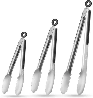 TACGEA Stainless Steel Kitchen Tongs, Silicone Non-slip Grip, Locking Grilling Food Tongs Set of 3-7inch, 9inch and 12inch