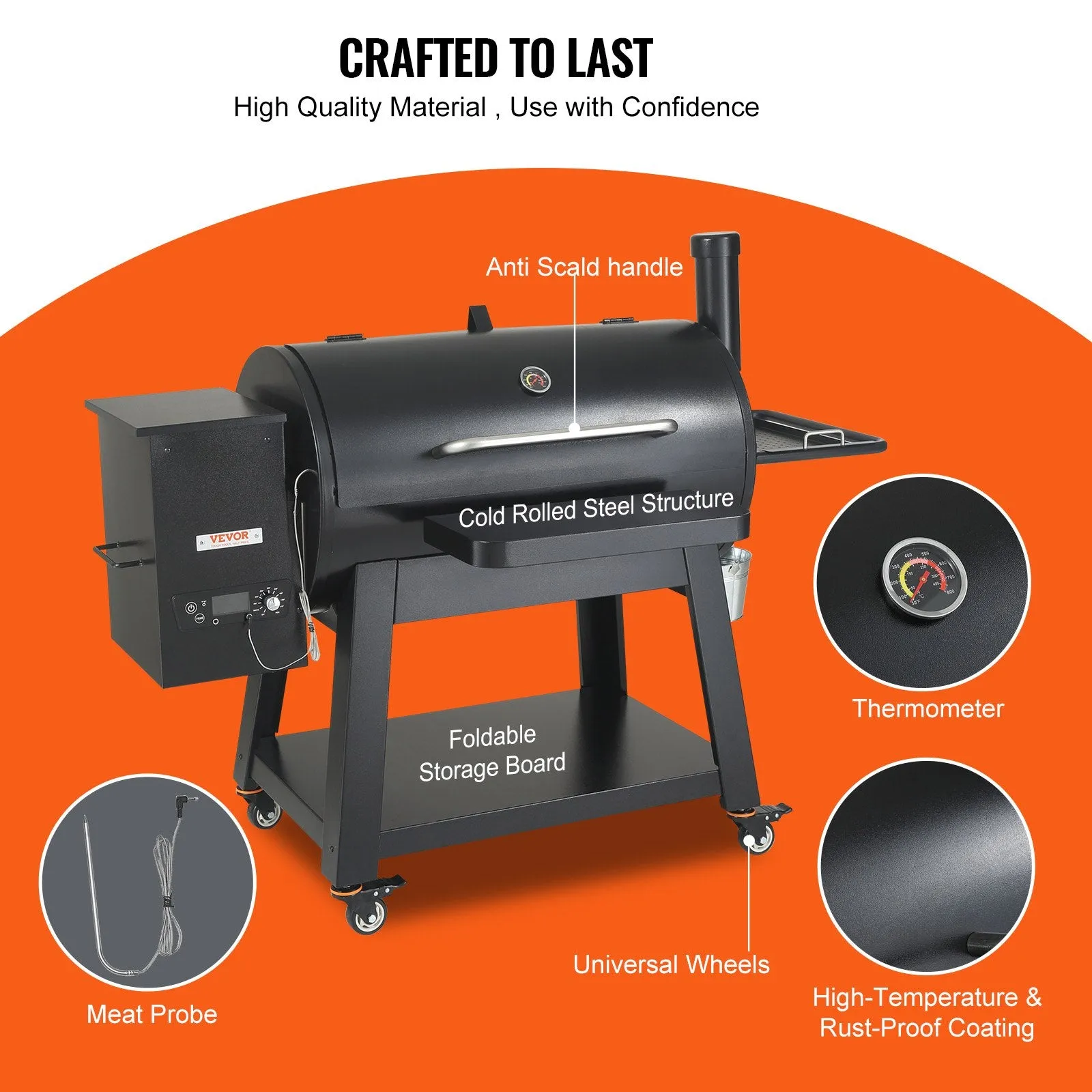 Vevor Portable Wood Pellet Smoker Grill 62" with PID Temperature Control 840 Sq. In. Black New