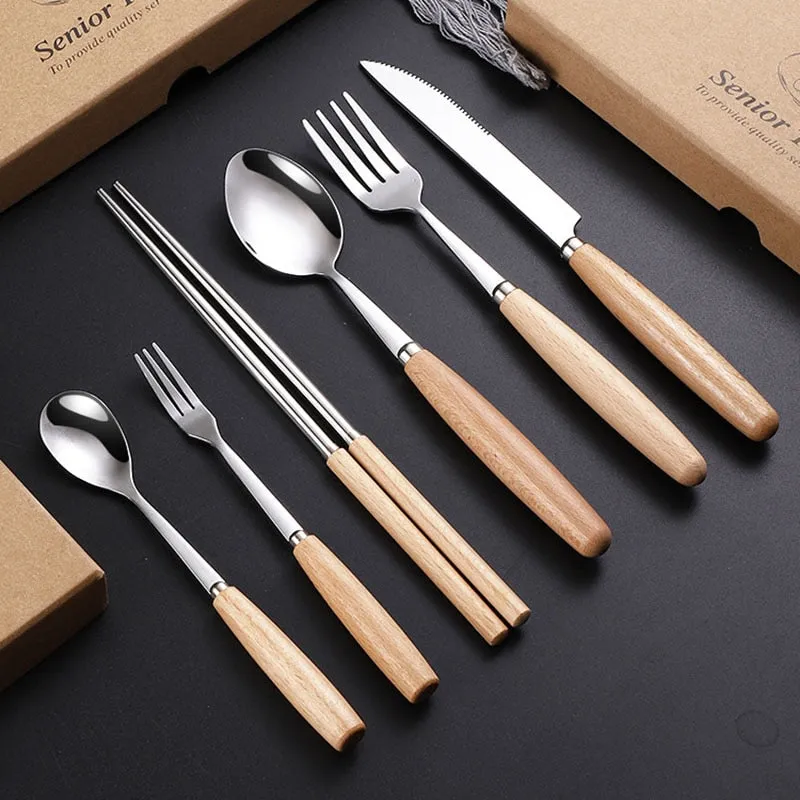 Wooden Handle Cutlery Portable Set